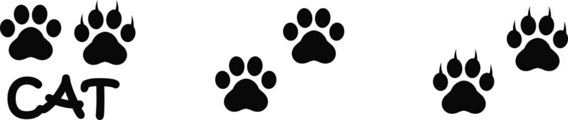 Cat paw print design flat and line icon set. Black vector collection isolated on transparent background. Footprint pet step symbol for animal zoo, vet logo element apps and websites.
