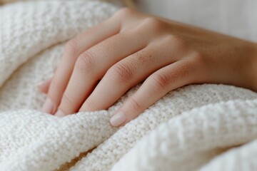 A soft, cozy scene featuring a hand gently resting on a plush, textured blanket, evoking feelings of comfort, warmth, and tranquility in a soothing environment.