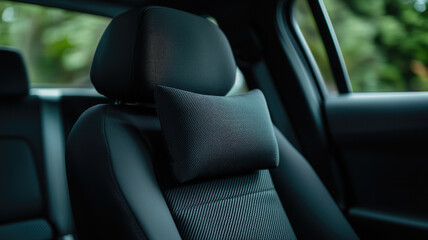 close up of car seat with headrest pillow, showcasing comfort and modern design