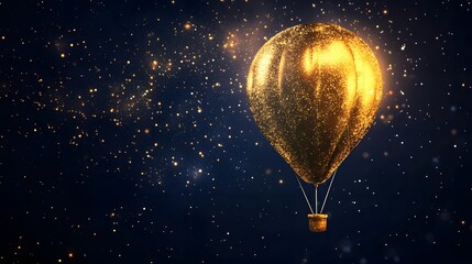 Fototapeta premium Floating golden hot air balloon starry night sky digital art cosmic environment aerial view fantasy concept