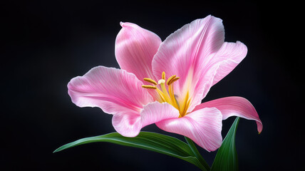 Fototapeta premium vibrant pink lily flower with delicate petals and green leaves on dark background