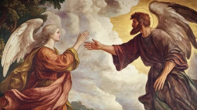 Angelic encounter with majestic clouds and dramatic sky in historical art