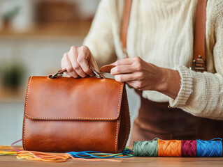 Handcrafted leather handbag creation with colorful threads and tools