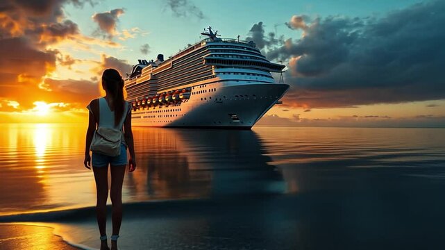 Sunset Cruise Dreams:  A woman gazes longingly at a majestic cruise ship silhouetted against a vibrant sunset sky, the promise of adventure and exploration shimmering on the horizon.  