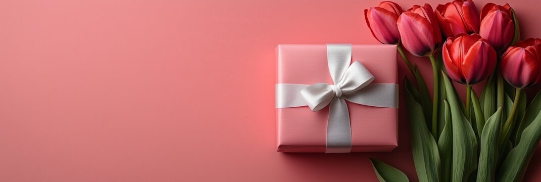 Pink gift box with a white ribbon on a background of a bouquet of red tulips with copy space for text. Wallpaper or banner for gift shop, flower shop or jewelry store. Valentine day. women's day