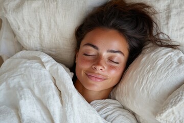 A serene young girl enjoys deep sleep surrounded by soft bedding, symbolizing innocence, tranquility, and the essential nature of rest in a nurturing environment.