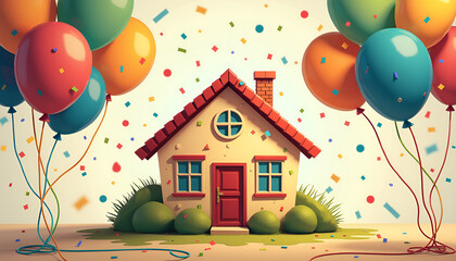 Festive housewarming celebration with balloons and confetti