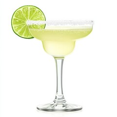 A zesty lime margarita with a rim of coarse salt, bright and tangy, isolated white background