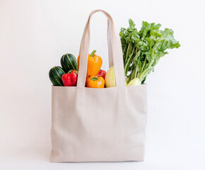 Handmade fabric tote bag filled with fresh vegetables and greens