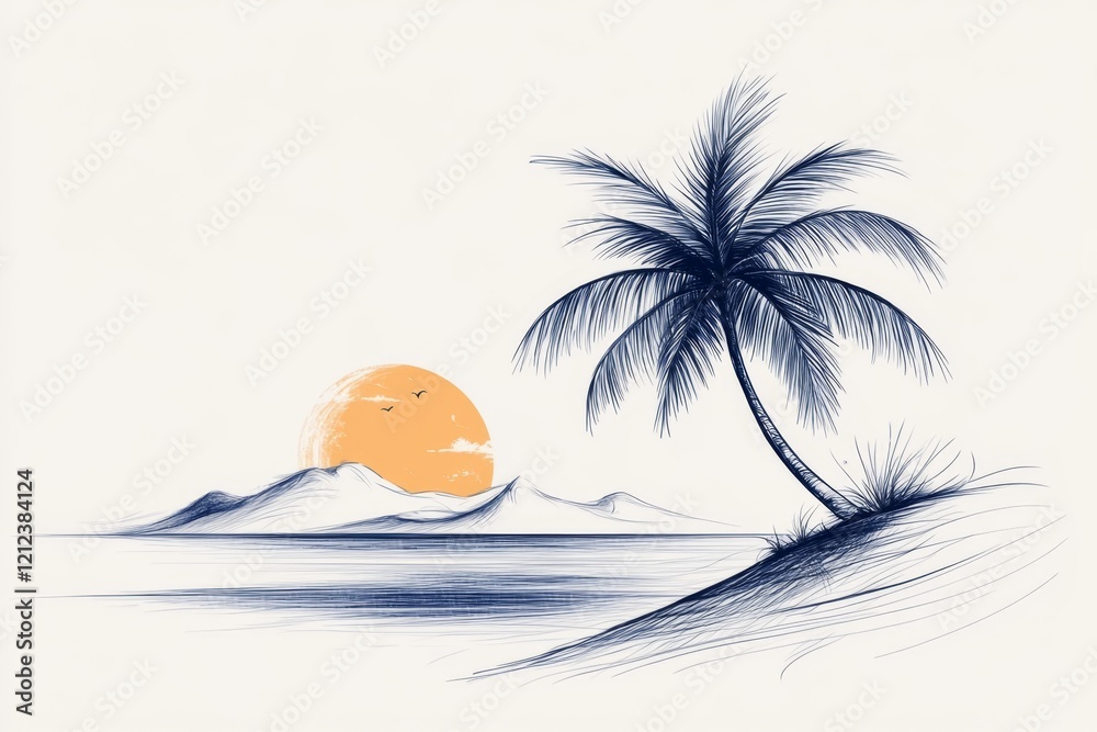 Aufkleber a clean line drawing of a single palm tree on a beach, with a glowing sun setting in the background,