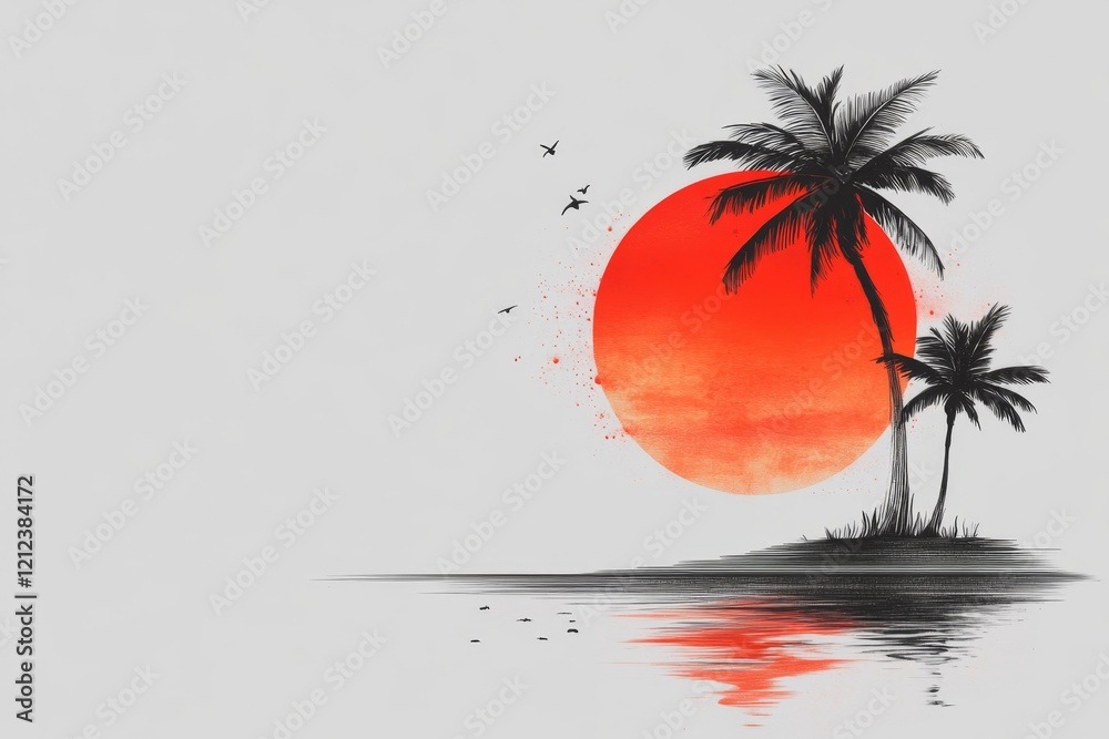 Poster a clean line drawing of a single palm tree on a beach, with a glowing sun setting in the background,