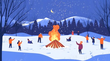Winter campfire gathering snowy mountains illustration nighttime outdoor community bonding