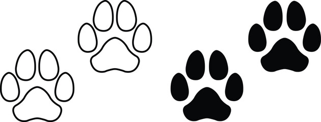 Dog paw print design flat and line icon set. Black vector collection isolated on transparent background. Footprint pet step symbol for animal zoo, vet logo element apps and websites.