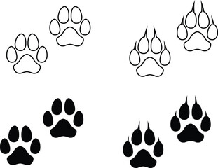 Dog paw print design flat and line icon set. Black vector collection isolated on transparent background. Footprint pet step symbol for animal zoo, vet logo element apps and websites.