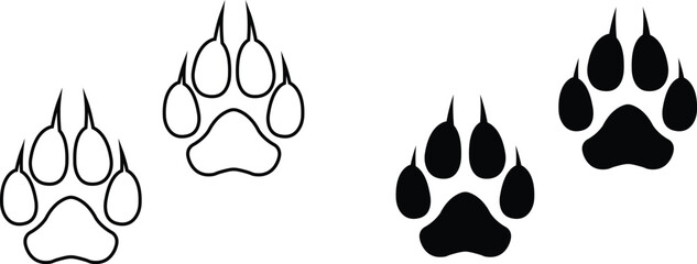 Fototapeta premium Dog paw print design flat and line icon set. Black vector collection isolated on transparent background. Footprint pet step symbol for animal zoo, vet logo element apps and websites.