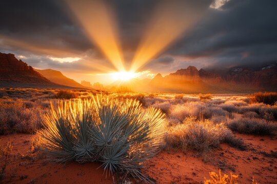 A desert rainstorm in Zion, with dramatic clouds rolling in and sunlight breaking through to illuminate the red rock formations