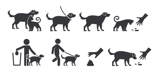 Bundle set icon sign pets, dog, leash, clean after, do not feed dog and cat, fot safety label