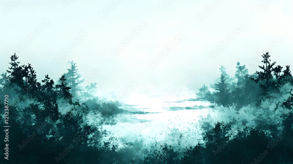 Poster a serene landscape featuring misty trees and a tranquil water surface, evoking a sense of calm and c