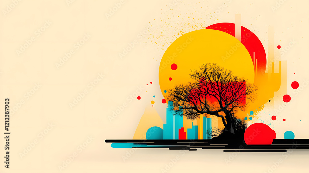 Poster a vibrant fusion of nature and urban elements, featuring a silhouette of a tree against a colorful b