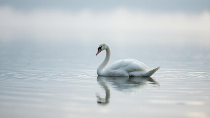 Fototapeta premium A swan is swimming in a lake