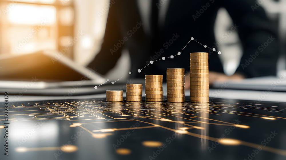 Poster A visual representation of financial growth with stacked coins and a digital graph, symbolizing investment and economic progress