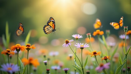 The image shows vibrant monarch butterflies fluttering among colorful flowers in a sunlit garden, capturing the essence of spring's renewal and beauty