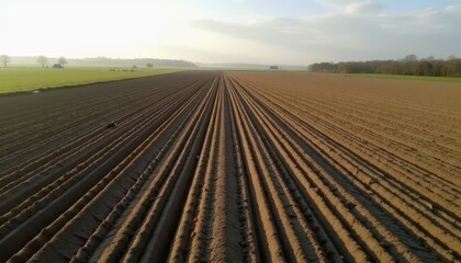A freshly plowed field with parallel furrows stretches under a partly cloudy sky, bordered by green grass and trees, signaling the early spring and preparation for planting season