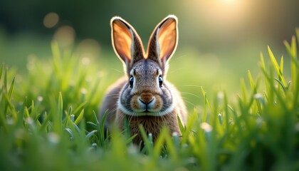 A rabbit sits in a field of green grass with sunlight illuminating its ears, creating a serene and natural scene