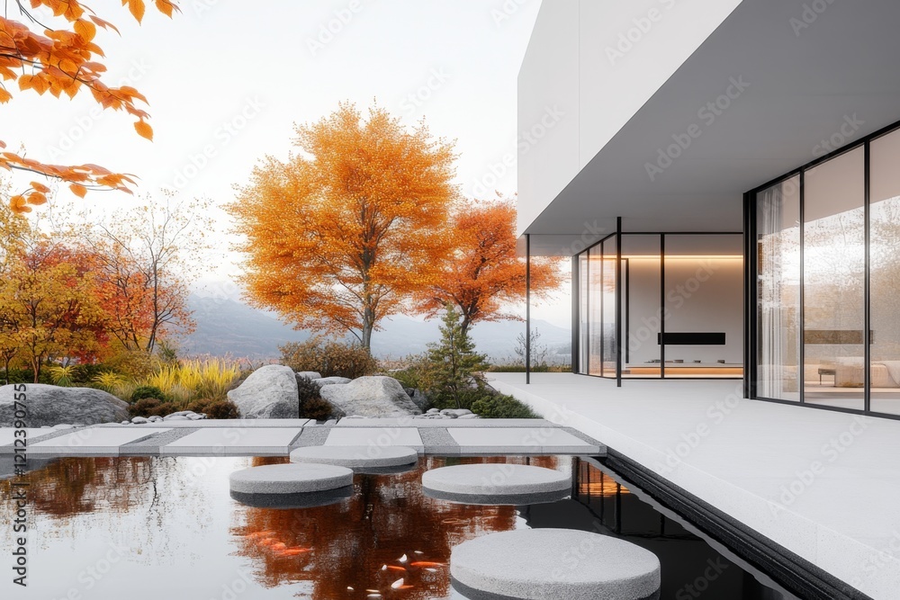 Poster a flat design of a zen courtyard with a koi pond and stepping stones, using minimal detail and a mod