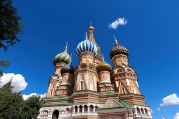 Fototapeta premium A vibrant display of colorful domes on a historic cathedral creates a whimsical atmosphere, attracting admiration against a backdrop of a clear sky.