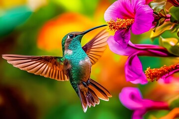 Fototapeta premium The beauty of nature captured in hummingbird nectar feeding.