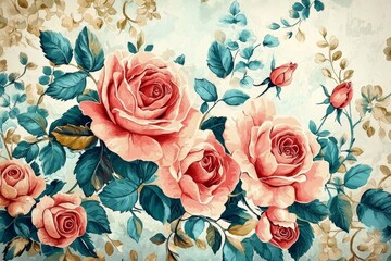 A stunning watercolor illustration of pink roses captures the essence of vintage romance.