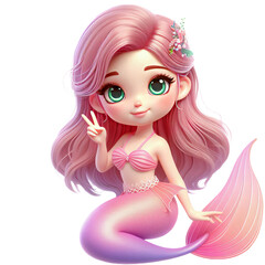 Cute Young Cartoon Mermaid with Long Blue Ocean Tail in 3D