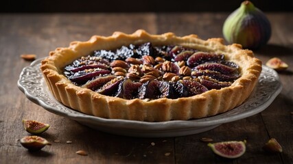 A beautifully arranged fig tart on a rustic wooden table, showcasing its ingredients and texture.