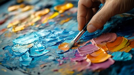 Fototapeta premium A Painter's Hand Mixing Vibrant Oil Colors on a Palette