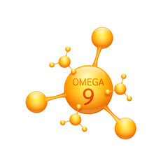 Fish oil omega 9 fatty acids in orange molecular form on white background. For nutrition products food health ads. Medical scientific concepts. 3D Vector illustration.