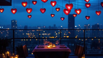 Romantic rooftop dinner under stars city skyline cozy table setup twinkling lanterns evening ambiance