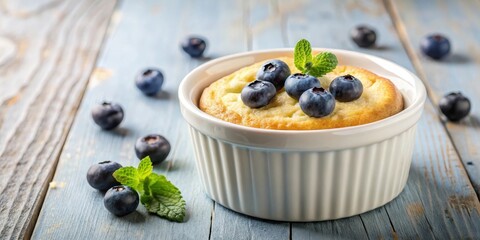 Baked cottage cheese pudding with blueberries in a small white ceramic bowl, brunch, blueberries
