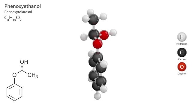 Phenoxyethanol. Animated 3D model of a molecule. Molecular formula: C8H10O2. Chemical model: Ball and sticks. White background. 3D rendering. Seamless loop.