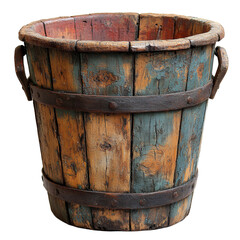 Fototapeta premium Rustic Antique Wooden Bucket Distressed Paint Metal Bands Vintage Container Home Decor