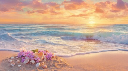 Romantic sunset beach scene with pastel colors seaside watercolor illustration tranquil heartfelt concept