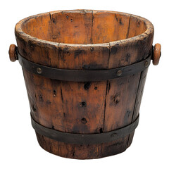 Fototapeta premium Antique Wooden Bucket with Metal Bands Rustic Farm Decor Vintage Container