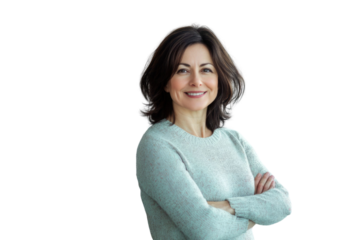 Portrait of 50 years old smiling woman looking at camera with crossed arms. Happy girl standing in creative office. Successful businesswoman standing in white background	