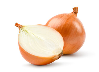 Fresh bulbs of onion with cut in half isolated on white background. Clipping path.
