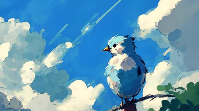 Cute a little blue bird on blue sky background. 