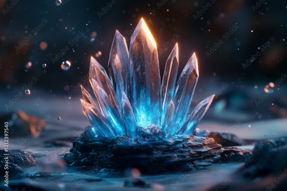 Poster a magical scene of a zinc crystal glowing with an ethereal blue light, surrounded by floating partic
