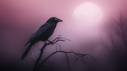 Fototapeta premium Raven perched on branch, misty twilight, full moon. Halloween, gothic art