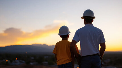 Sunset Dreams: A silhouetted father and son, both wearing hard hats, stand overlooking a breathtaking sunset vista, symbolizing dreams, legacy, and the future. 