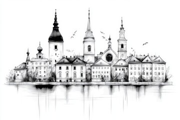 Fototapeta premium A minimalist line art of Zagreb skyline, featuring the Cathedral and LotrÅ¡Äak Tower, drawn in clean black and white
