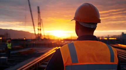 Construction Worker at Sunset:  A lone construction worker stands silhouetted against a vibrant sunset,  looking out over the bustling construction site with cranes towering in the background.